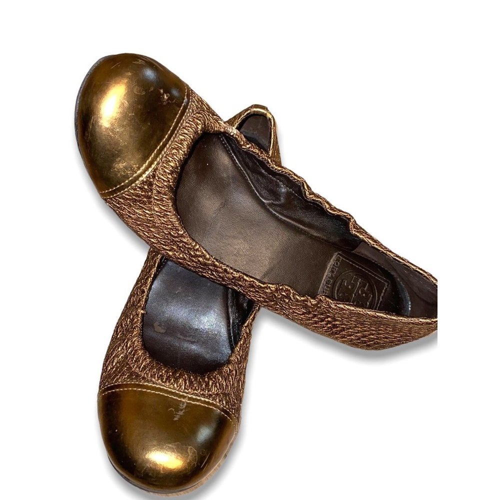 Tory Burch Anne Marie Leather Quilted Metallic Ballet Flats Bronze Size 7 - Picture 6 of 8